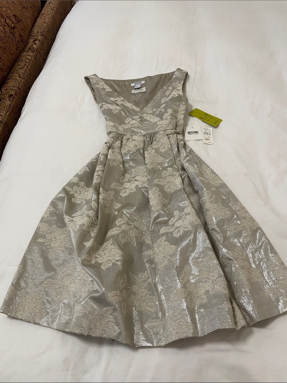 Moschino Metallic Silver Floral V-Neck Fit-and-Flare Dress